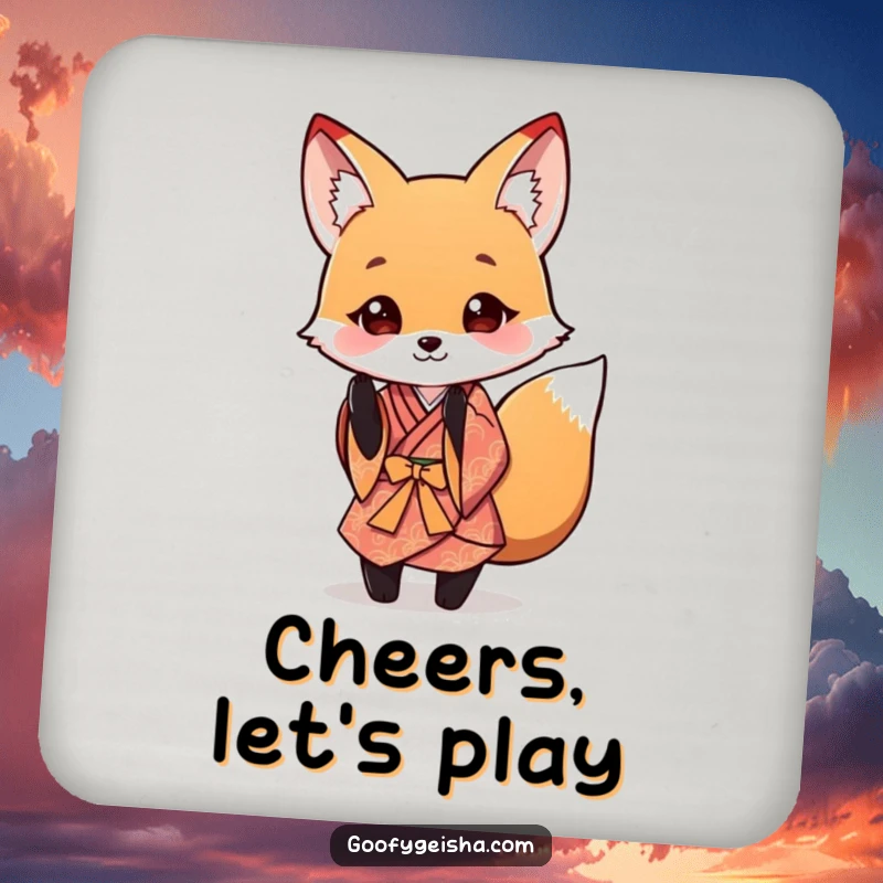 Funny Fox Kimono Coasters featuring a cute fox in traditional attire performing a playful bow, adding elegance to any table.