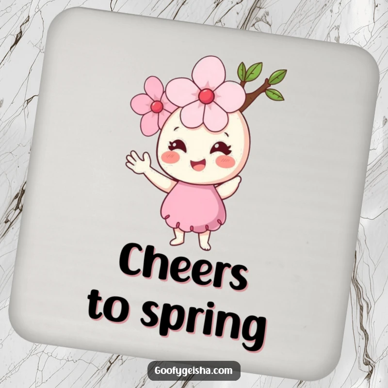 Funny Cherry Blossom Coasters featuring a smiling flower character waving hello, adding cheerful protection to any surface.