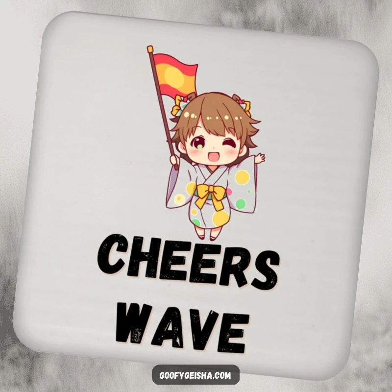 Funny drink coasters with a character in a kimono excitedly waving a colorful flag, bringing celebratory fun to table protection.