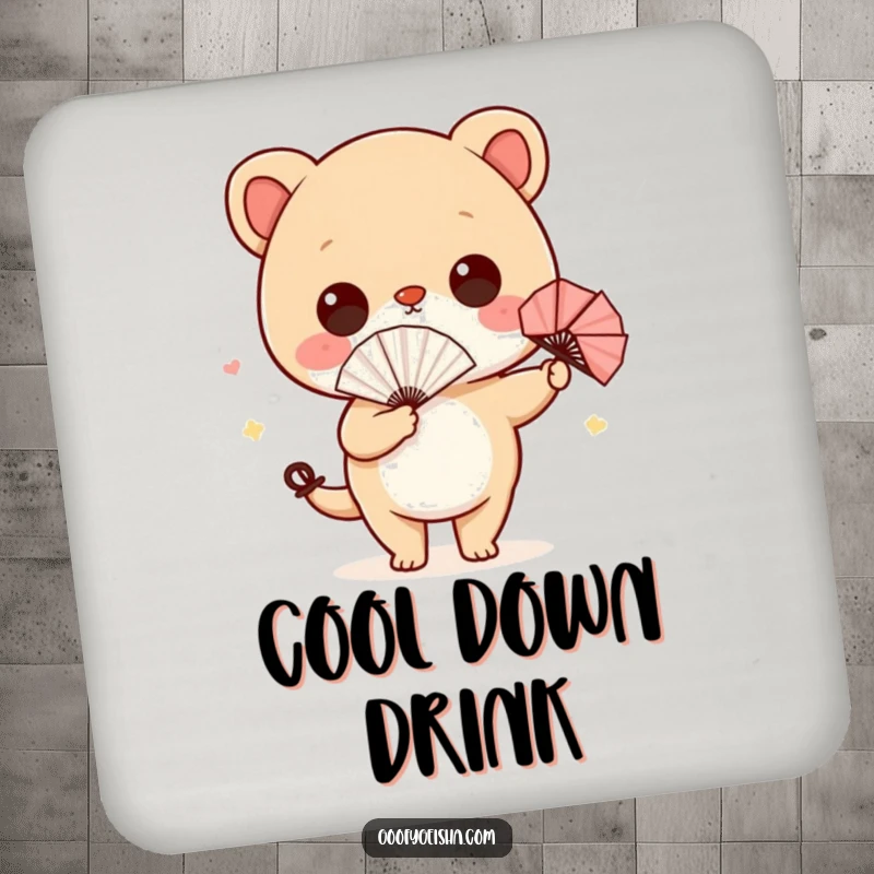 Funny drink coasters featuring a cute character with a paper fan, humorously wiggling its hips, protecting surfaces with style.