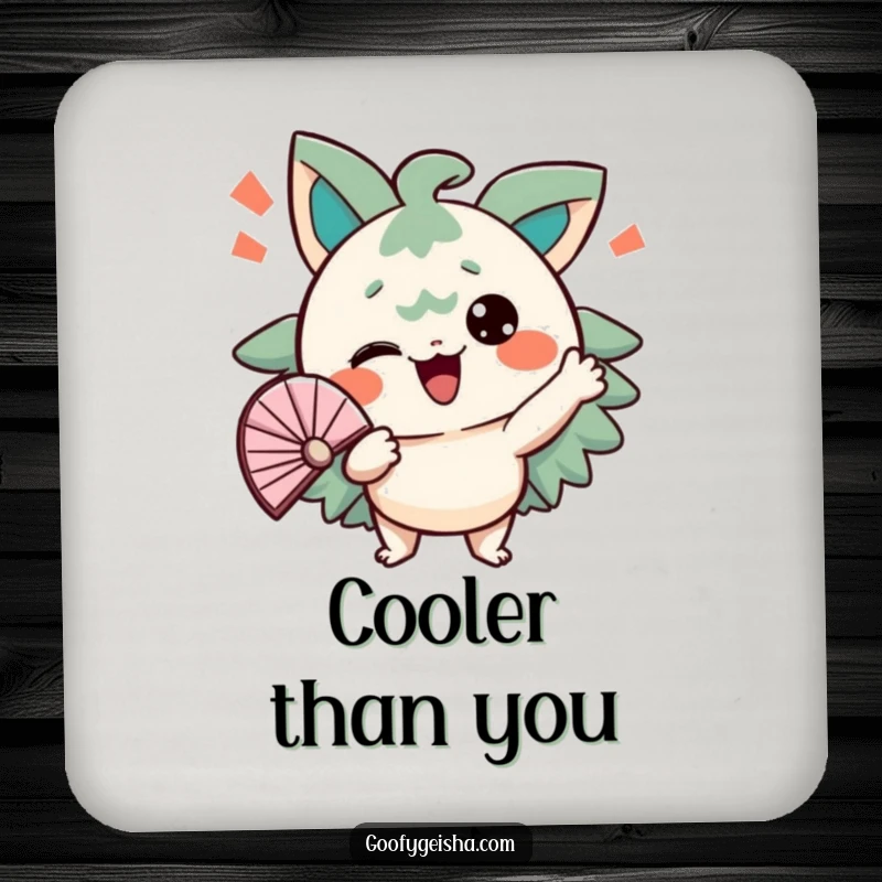 Funny drink coaster featuring a character energetically fanning itself with a comical expression. Stylish and humorous.