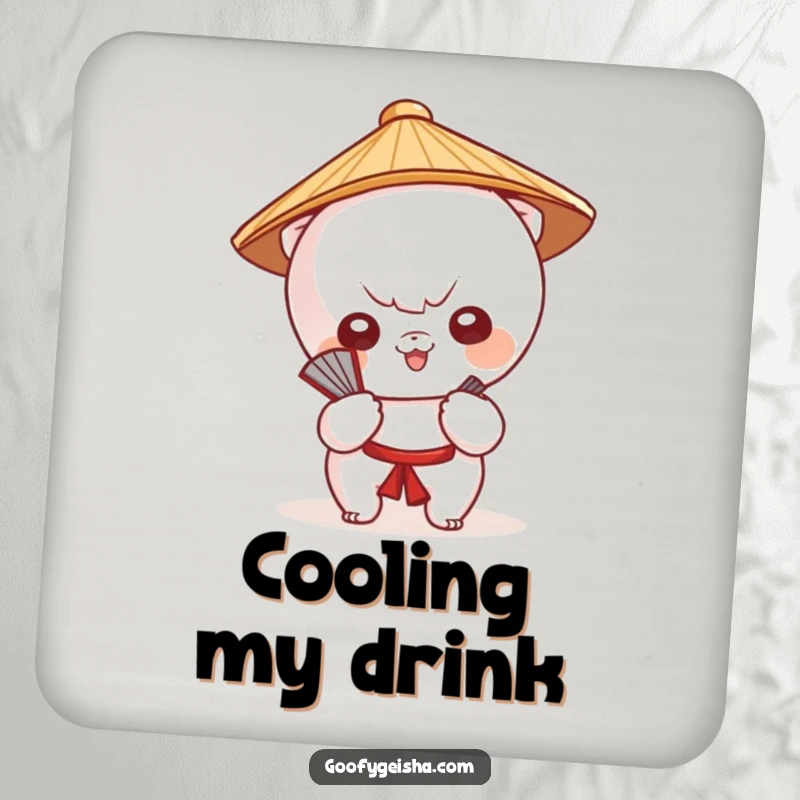 Funny drink coaster showcasing a cute Kawaii character in a Japanese hat, fanning itself, with playful charm.