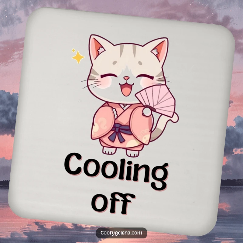 Funny Coaster: A Kawaii cat in a kimono, fanning itself, bringing cute charm and refreshing style to any drink setting.