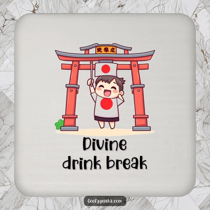 Funny drink coaster with an excited Torii gate character waving a tiny Japanese flag, bringing cultural charm to your table.