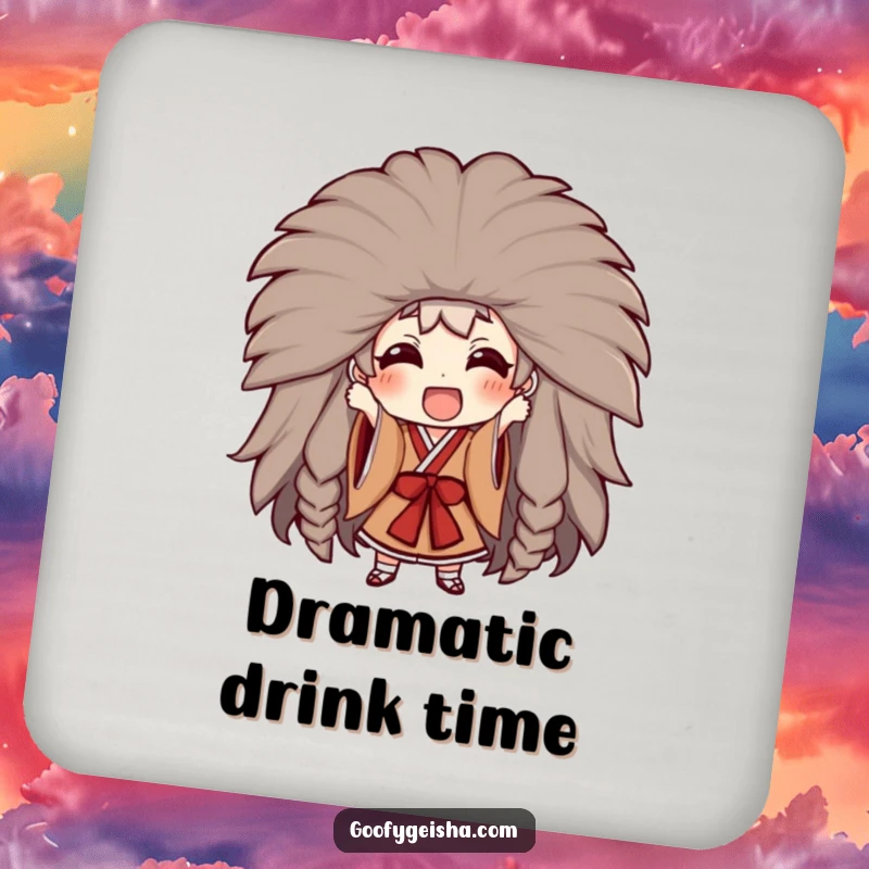 Funny drink coaster showing a character trying on a large Kabuki wig, offering theatrical and humorous surface protection.