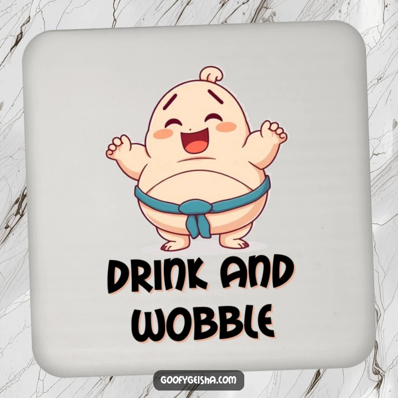 Funny drink coaster showing a smiling character in a wobbly sumo pose, protecting surfaces with a playful, unstable charm.