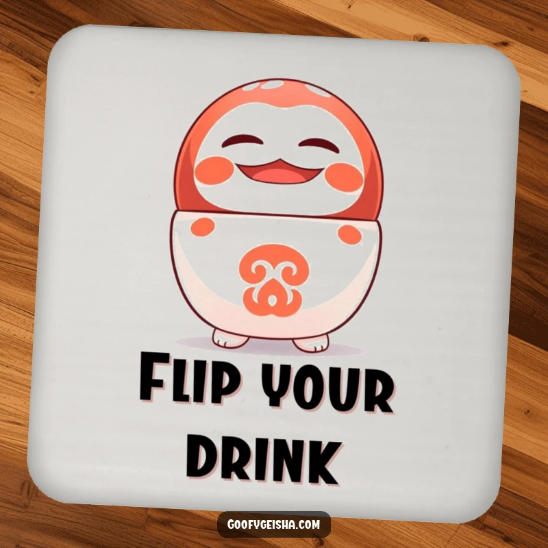 Funny drink coaster with a cute Daruma doll balancing on its head with a cheerful grin, adding humor.