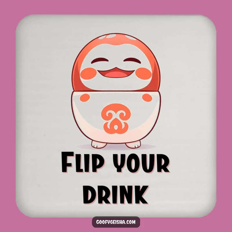 Funny Daruma Coaster: Upside Down Grin, Protects Surfaces with Humor