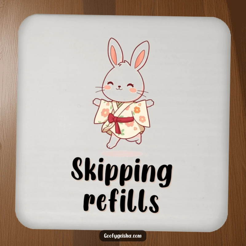 Funny bouncy bunny in a floral kimono, happily skipping, featured on a protective and charming drink coaster.