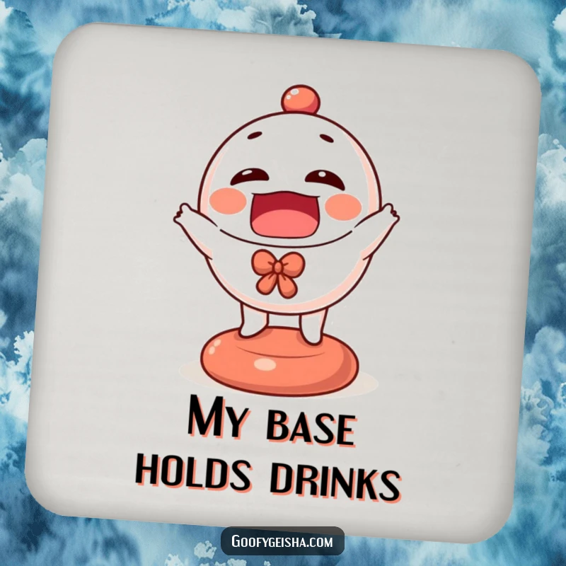 Funny Daruma doll coaster featuring a tiny, animated character bouncing happily, adding a protective and cheerful element.