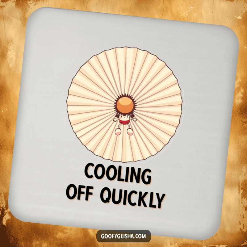 Funny drink coaster showing a character amusingly hiding behind a big, cheerful fan. Protects furniture with a cool and humorous design.