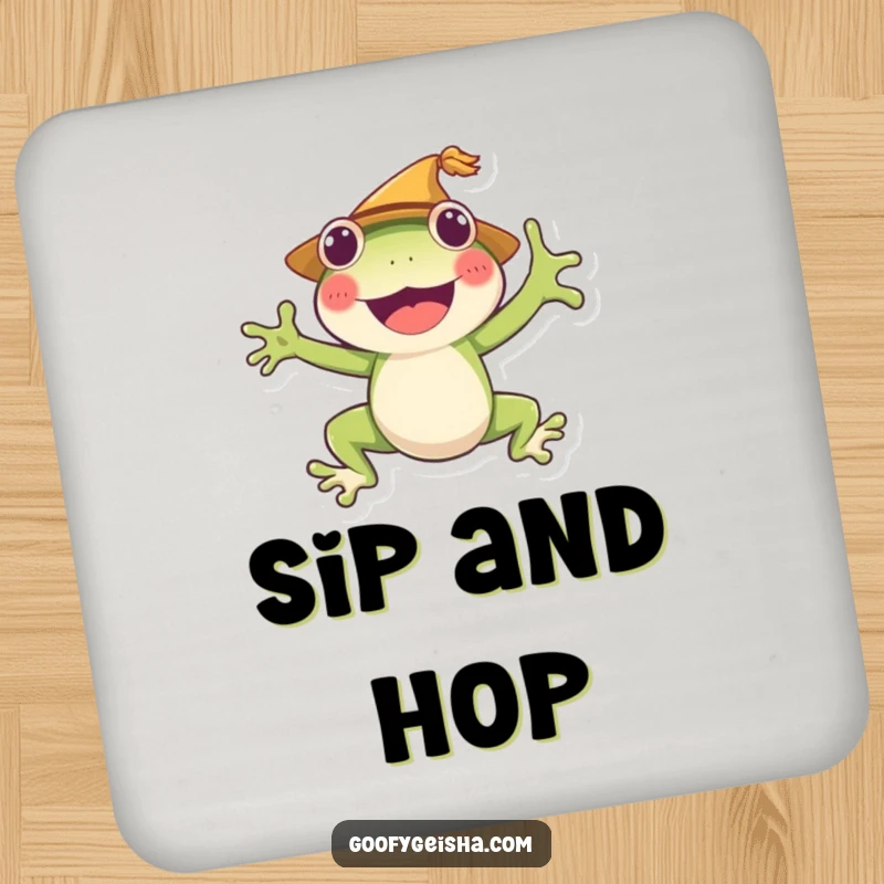 Funny frog coaster featuring a cheerful character mid-jump, adding playful charm and surface protection. A cute and practical item.