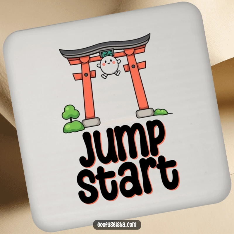 Funny drink coaster illustrating a small character making an energetic jump over a stylized torii gate.