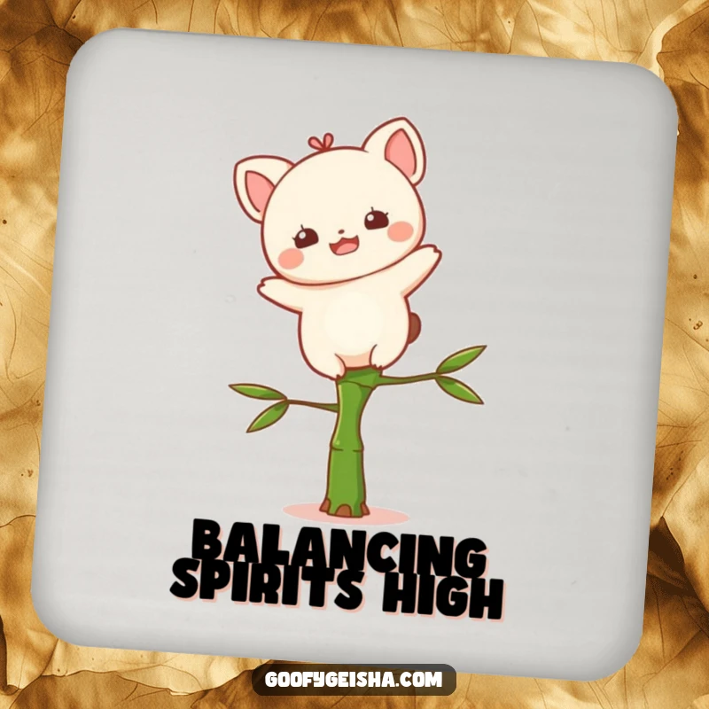 Funny Kawaii drink coaster showing a delighted character balancing on a small bamboo stalk, adding a decorative and humorous touch.