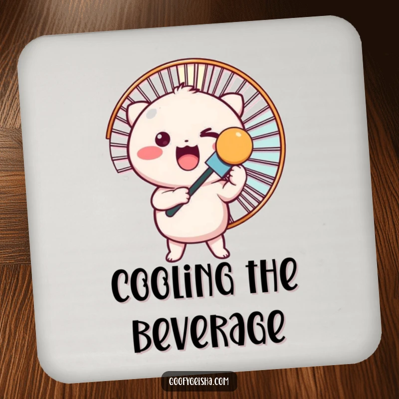 Funny drink coaster showcasing a cute Kawaii character holding a giant fan, adding a cool touch.