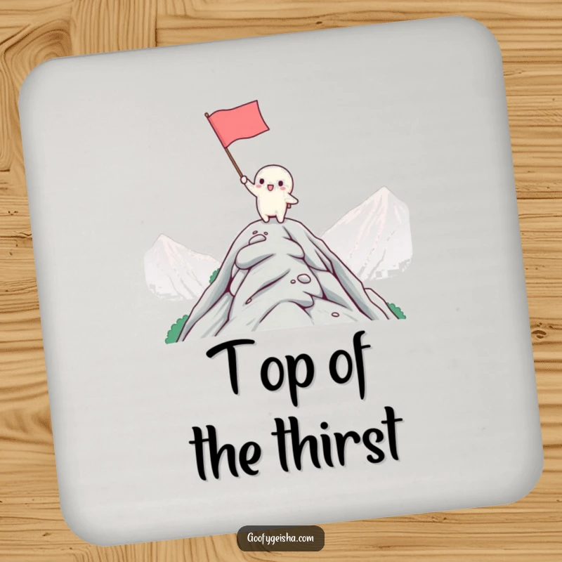 Funny Kawaii Coasters: Character waving flag from mountain peak, protecting surfaces with humor. Perfect funny gift.