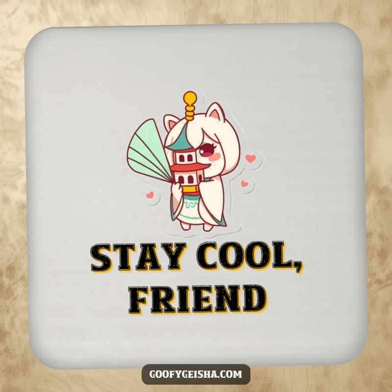Funny Kawaii coaster showing a character fanning a small pagoda, providing protection with a humorous and cultural, artistic flair.