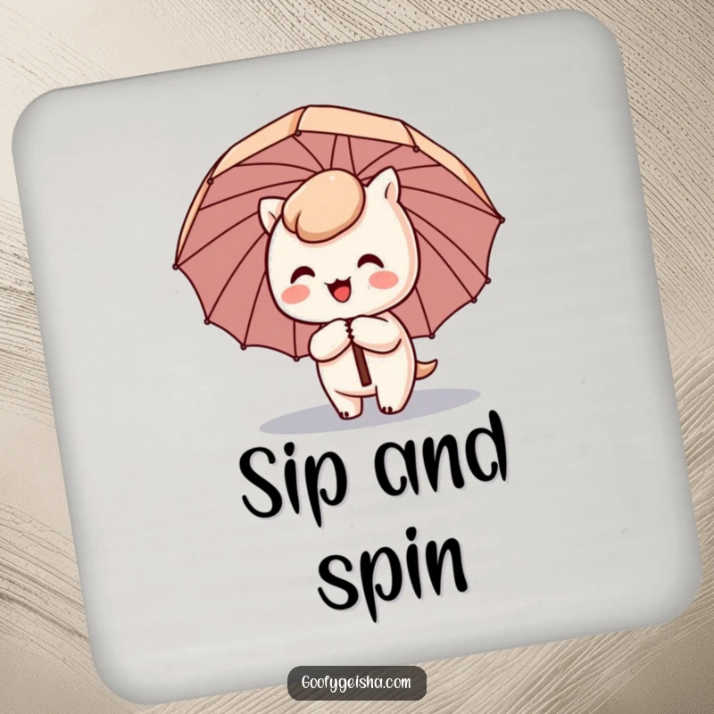 Funny Kawaii drink coaster featuring a cute character happily spinning with a comical umbrella tilted sideways, protecting surfaces with humor.