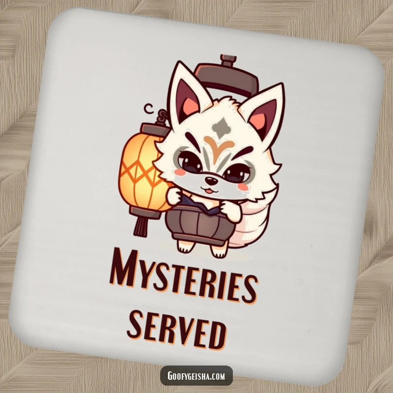 Funny Kitsune mask drink coaster with a cute character playfully peeking, adding humor and surface protection.