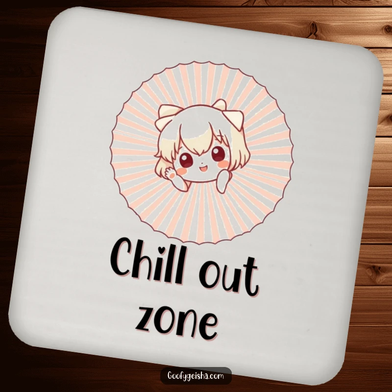 Funny drink coaster featuring a cute character peeking from behind a fan, giving a small, friendly wave.