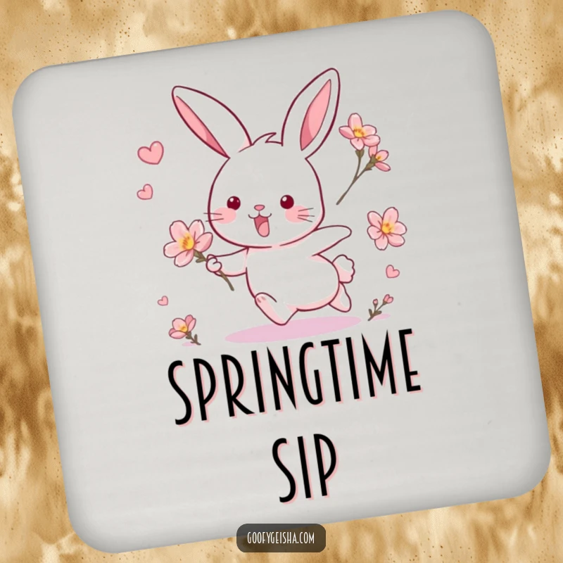 Funny drink coasters featuring a rabbit's delightful chase after a blossom, protecting surfaces with whimsical art.
