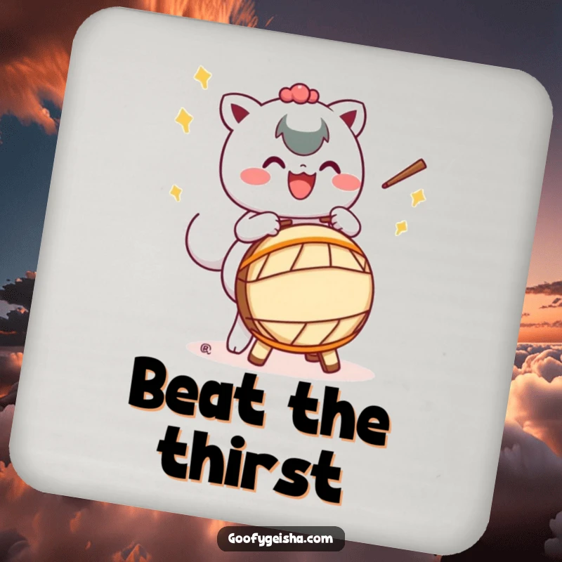 Funny drink coaster showcasing a Kawaii character energetically playing a Taiko drum with exaggerated motions, adding playful rhythm and protecting surfaces.
