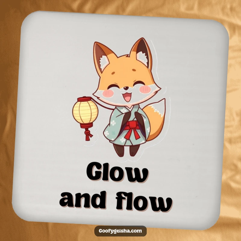 Funny Yukata Fox Coaster Set: Cute anime fox character in a yukata holding a paper lantern, protecting surfaces with festive charm, a perfect funny gift.