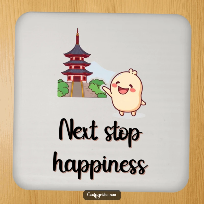 Funny Kawaii Coaster: Grinning character excitedly pointing towards a distant pagoda, perfect for drinks and adding a touch of funny to your table.
