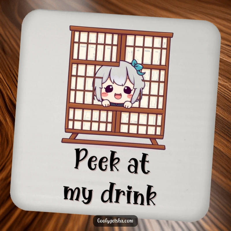 Funny Kawaii Coasters: Giggling character peeking from behind Shoji screen, protecting surfaces with humor. Perfect funny gift.