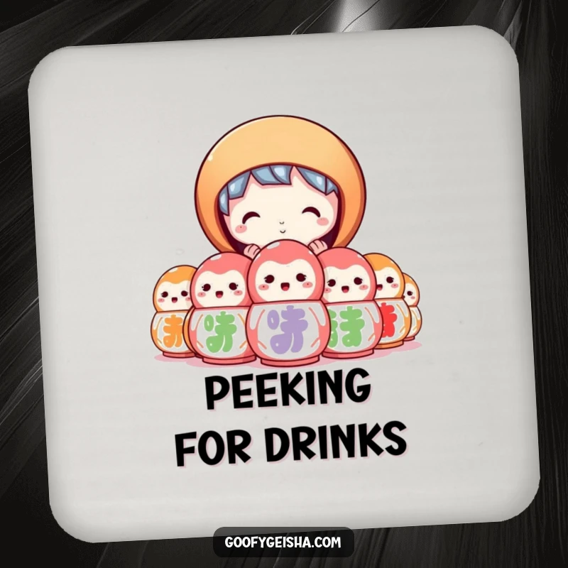Funny drink coaster featuring a character peeking curiously from behind colorful daruma dolls. Stylish and intriguing.