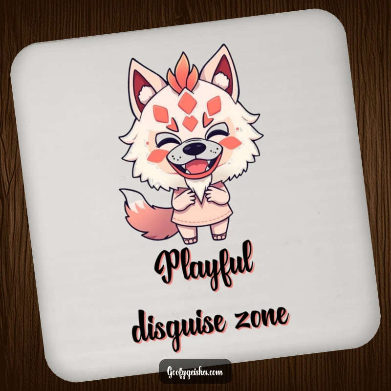 Funny drink coaster showing a character fearlessly and playfully mimicking a Kitsune mask, adding a humorous touch to tabletops.