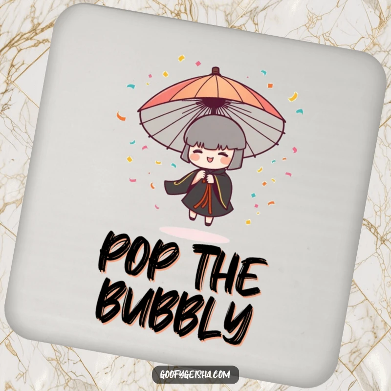 Funny drink coaster with a Japanese umbrella character spinning and emitting colorful confetti, adding a festive touch.