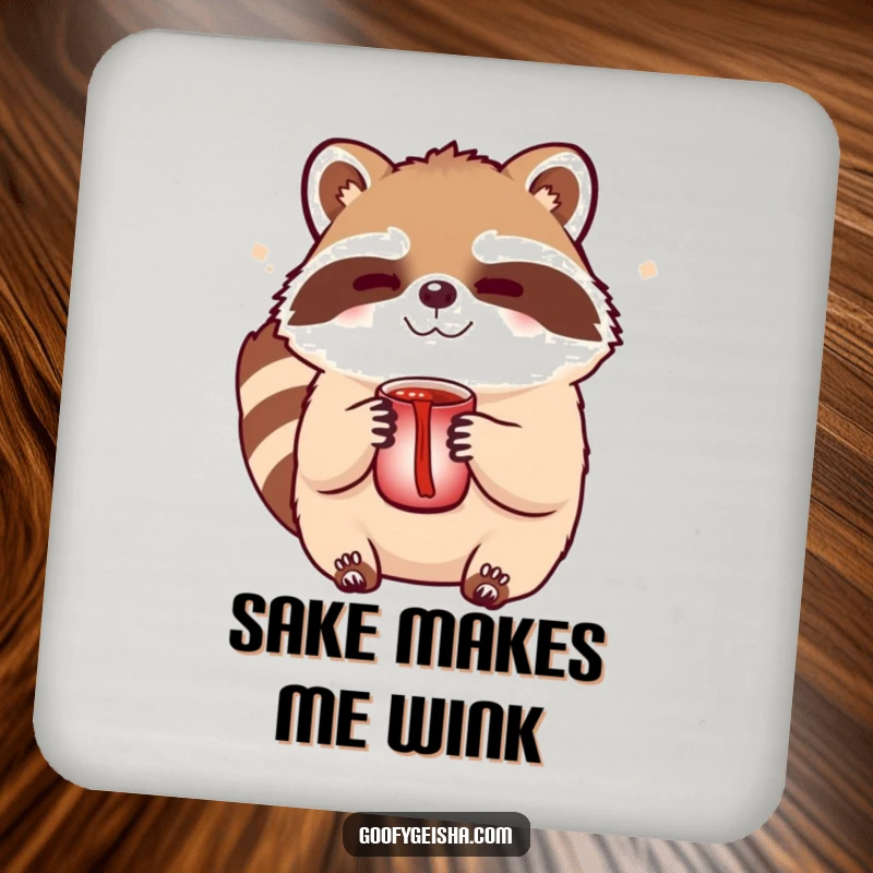 Funny Tanuki sake coaster featuring a cute winking character holding a sake cup, offering stylish and protective table decor.