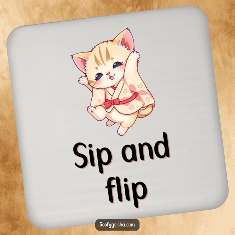 Funny kitten coasters depicting a kitten in a kimono doing a somersault, adding charm to drinks.