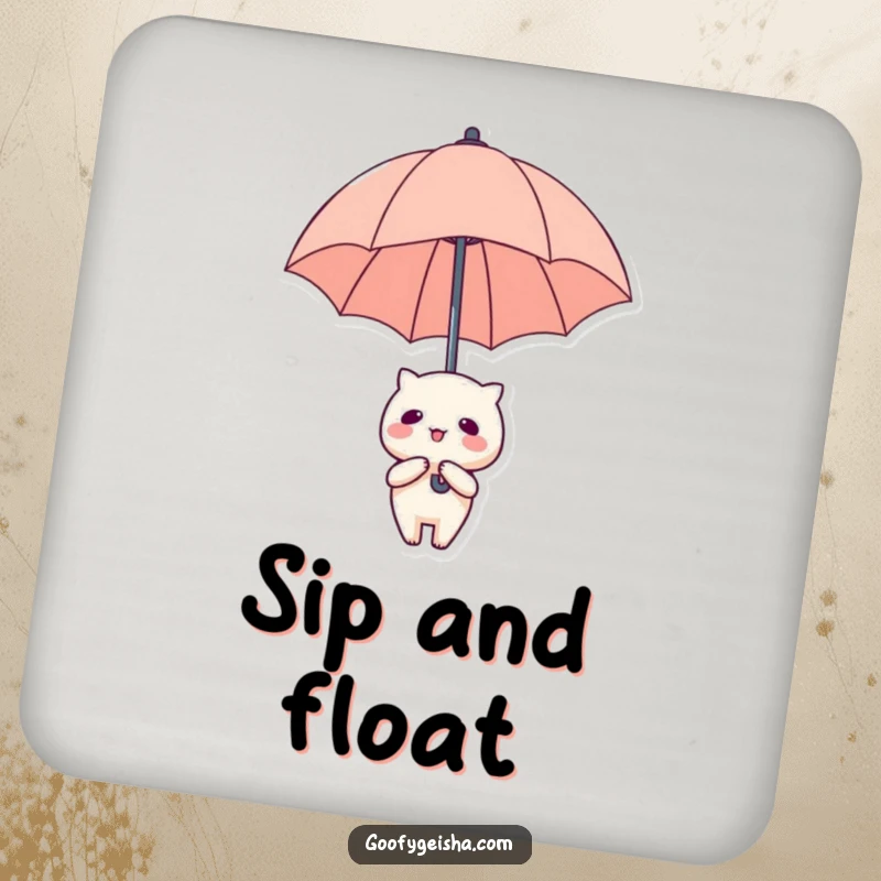 Funny Coaster: Illustration of a Kawaii character with an oversized umbrella floating upwards.