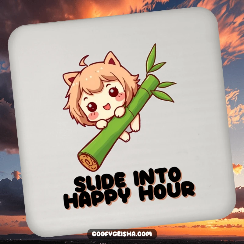 Funny drink coaster featuring a character with a funny expression sliding down a bamboo stalk, adding playful humor to drink protection.
