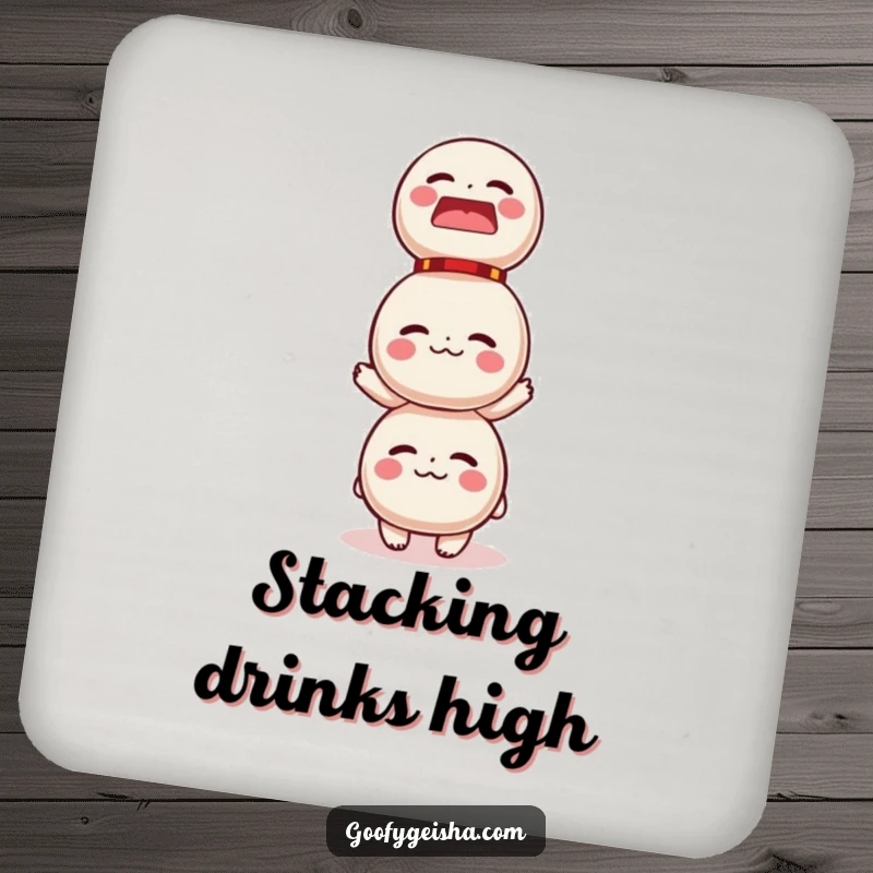 Funny drink coaster with a character humorously balancing a tall stack of Daruma dolls, adding a touch of wit to any surface.