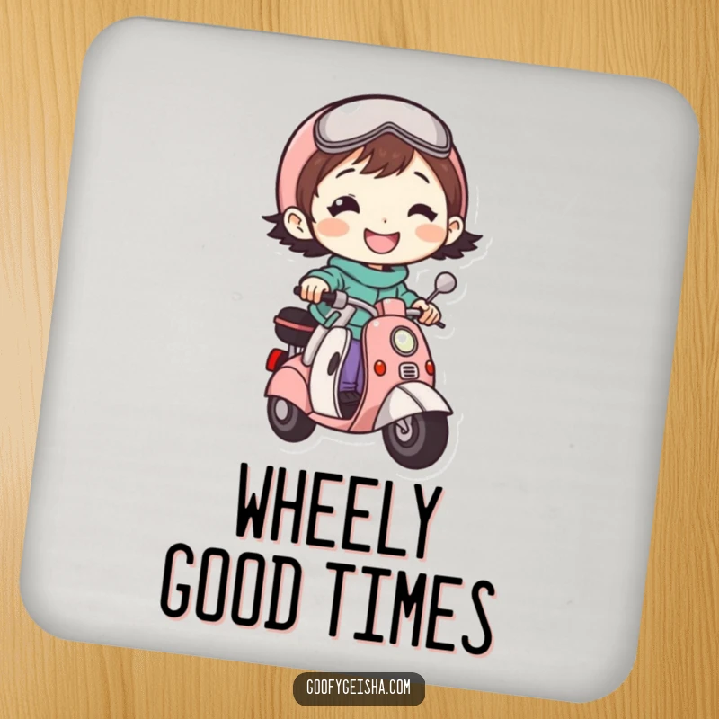 Funny drink coaster featuring a small, bright-grinned character riding a miniature scooter, adding humor to drink protection.