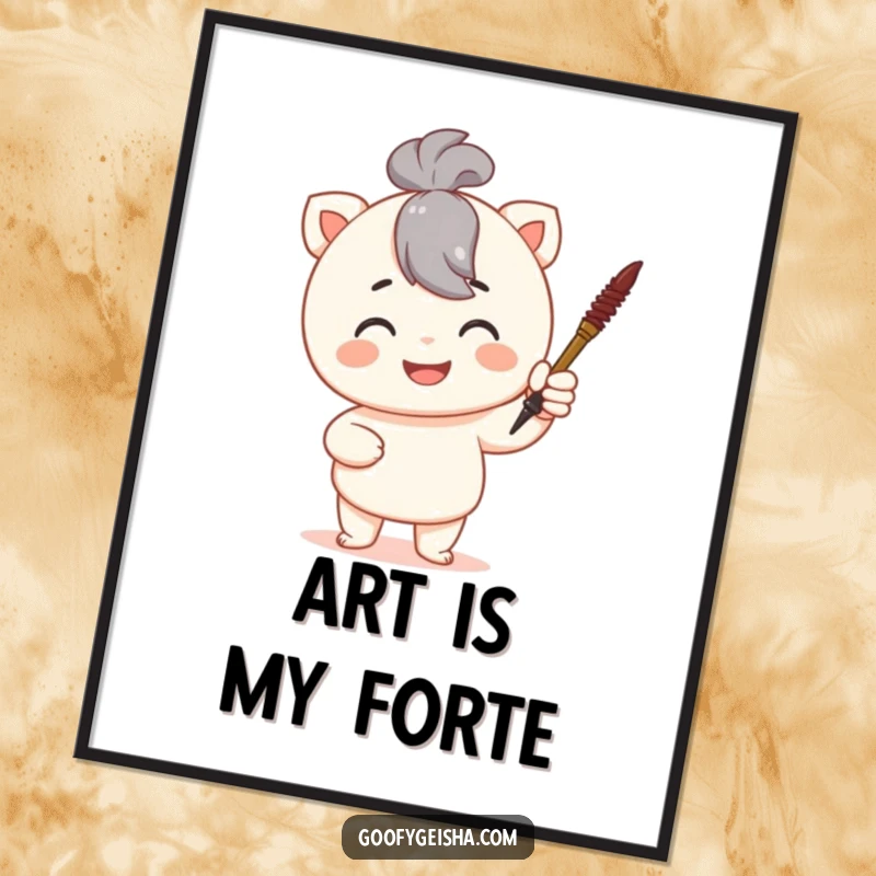 Funny poster of a proud character holding a tiny calligraphy brush, adding a touch of artistic accomplishment and humor to decor.