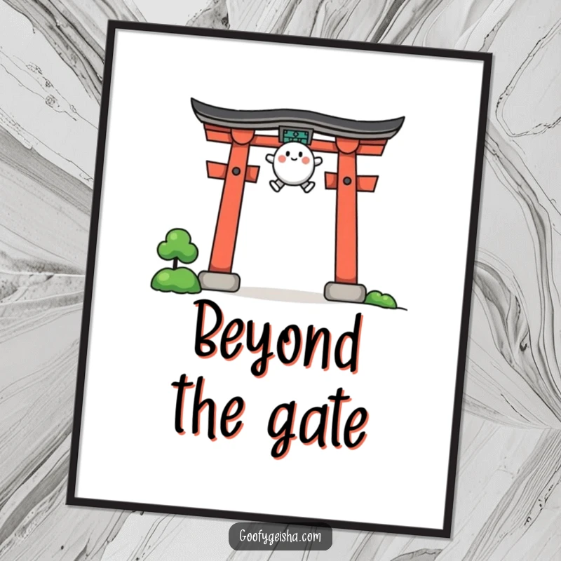 Funny poster showcasing a small character's triumphant jump over a stylized torii gate, symbolizing overcoming obstacles.