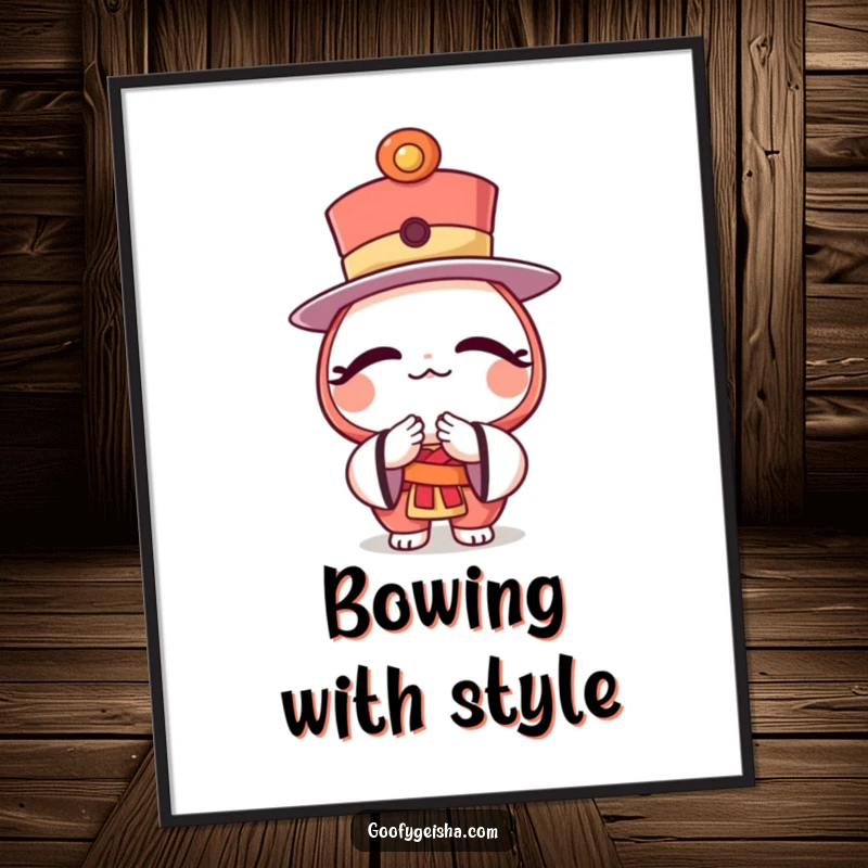 Funny poster print of a character wearing a daruma doll top hat, bowing gracefully with an air of sophistication.