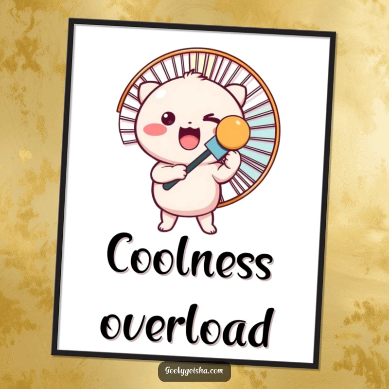 Funny poster art of a cute, round Kawaii character excitedly holding a massive fan, adding a cool touch.