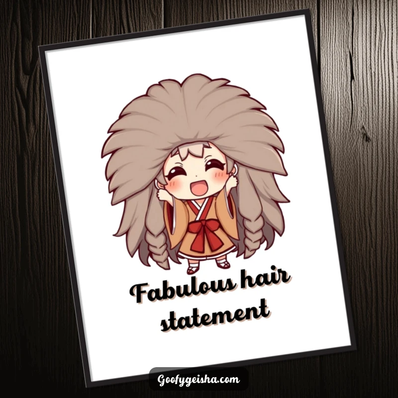 Funny poster illustrating a character excitedly attempting to wear a massive Kabuki wig, creating a bold and humorous artistic statement.