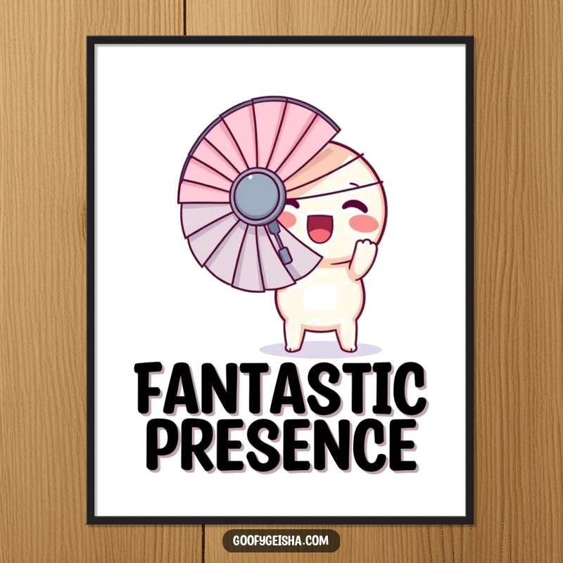 Funny poster art of a small, round Kawaii character ecstatically holding a massive fan, conveying infectious joy and oversized fun.