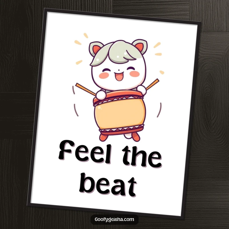 Funny Kawaii character Taiko drum poster with exaggerated motions, capturing the essence of joyful musical performance.