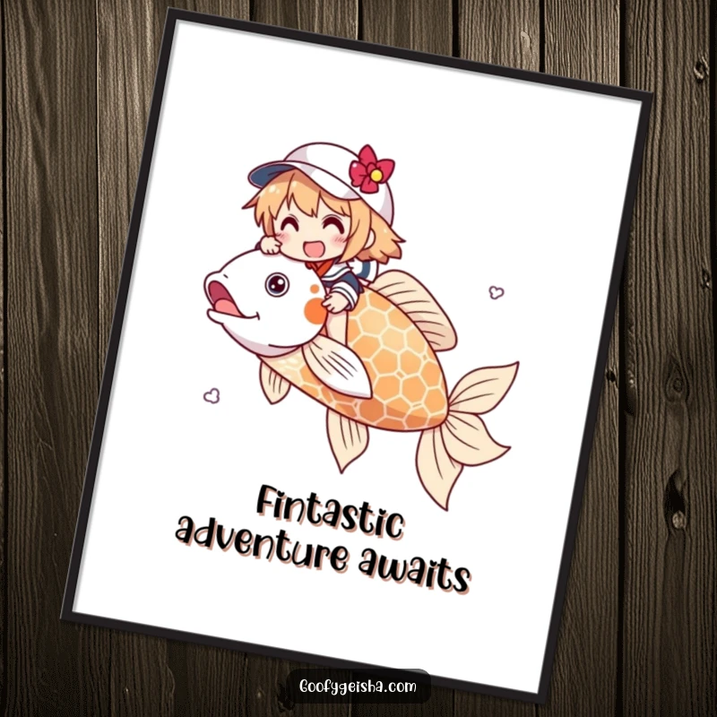 Funny poster illustrating a character joyfully riding a massive, whimsical koi fish. Evokes a feeling of wonder and aquatic adventure.