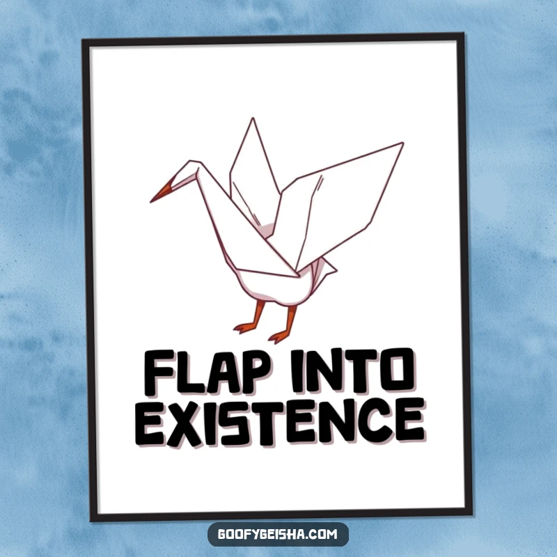 Funny poster illustrating a whimsical origami crane character playfully flapping its paper wings, symbolizing grace and artistic expression.