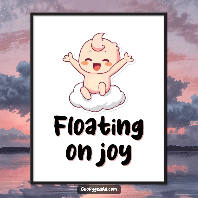 Funny Kawaii Poster: Character leaping with joy to touch a cloud, inspiring happiness and whimsy on walls. Great funny gift.