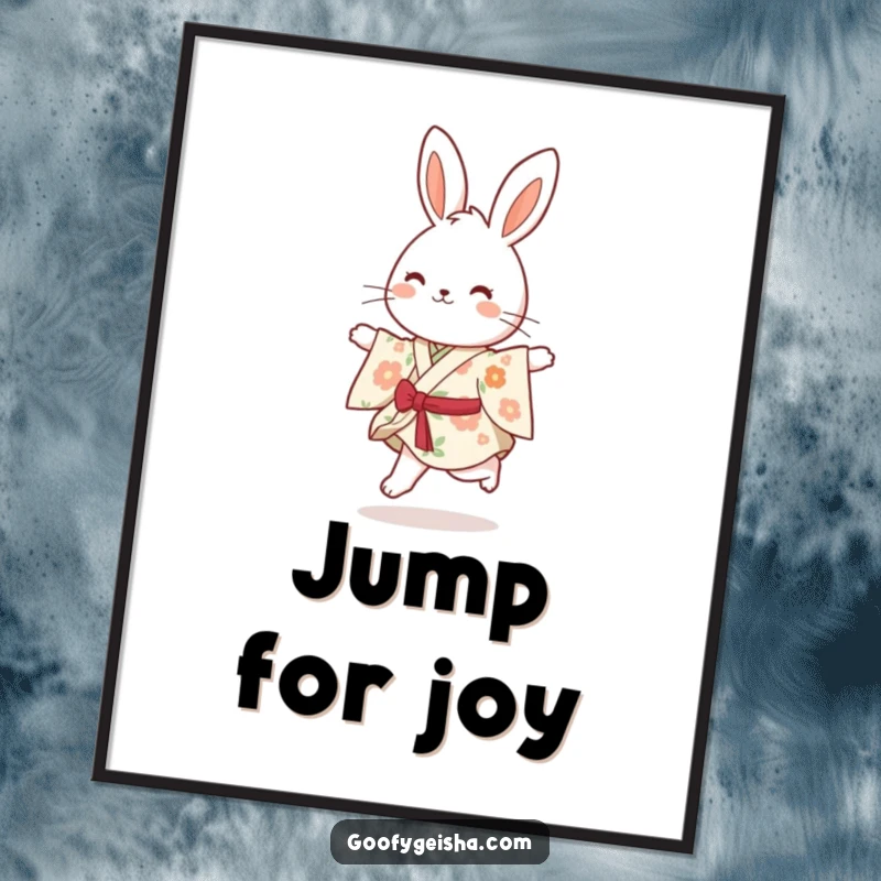 Funny bouncy bunny wearing a floral kimono, happily skipping with vibrant energy, ideal for a cheerful poster.