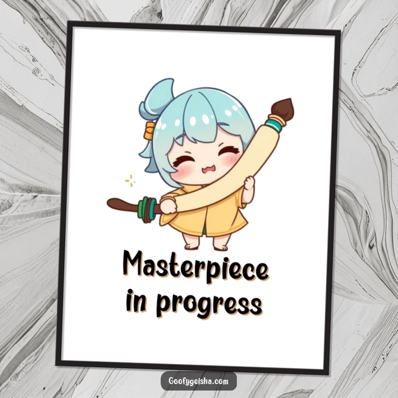 Funny poster showcasing a character with a funny expression, holding an enormous calligraphy brush, perfect for adding humor to walls.